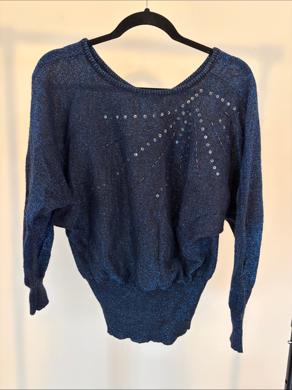 Vintage Sparkle Navy Blue Women's Pullover Sweater with Balloon Sleeves ✨💙